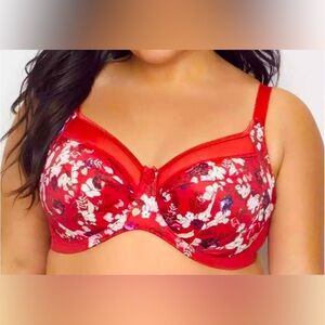 Goddess Kayla Bra Size 42G Love Story Red Floral Underwire‎ Support Sexy Bow EUC
